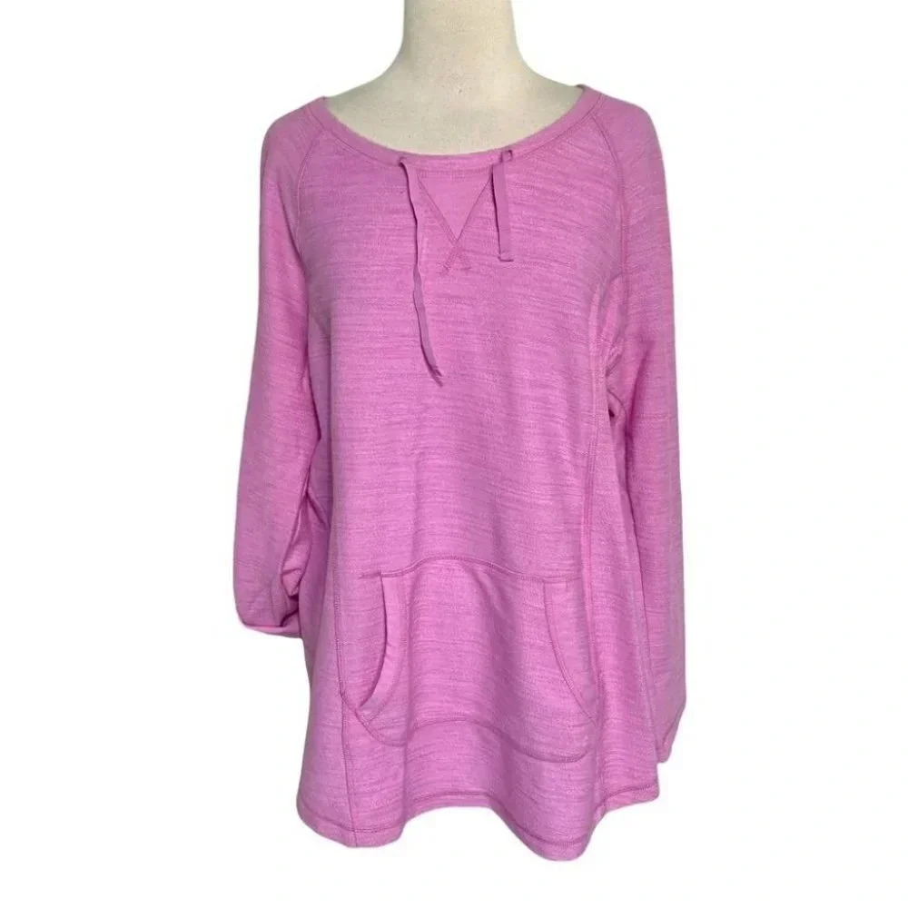 Exertek 1X Plus-size pink sweatshirt with front pocket + optional rolled sleeve